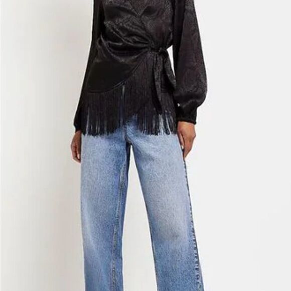 River Island Black Long Sleeve Wrap Fringe Hem Top Black‎ US 10 NWT IN PACKAGING - Picture 4 of 9